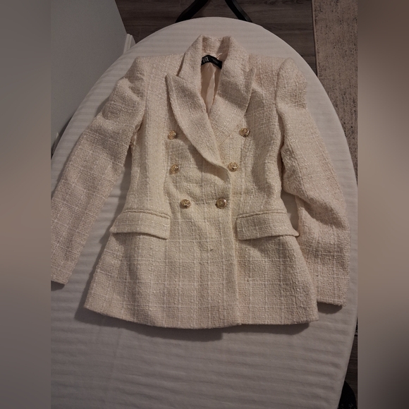 Tweed Cream Double-Breasted Women's Blazer Size XS - Picture 13 of 16